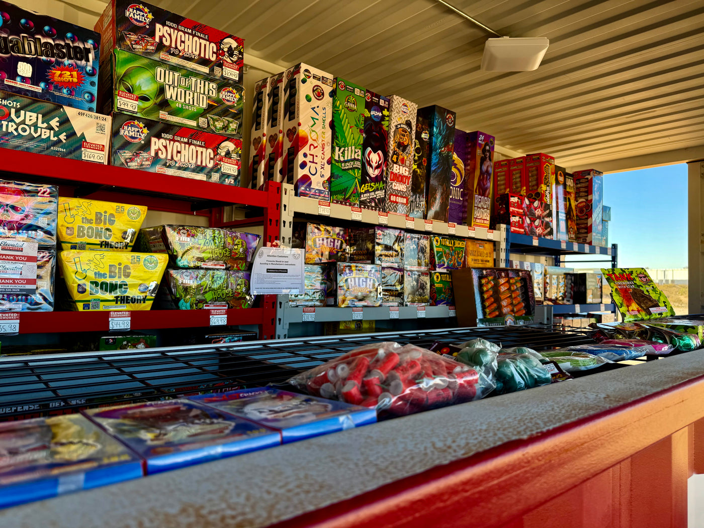Shelves filled with fireworks products