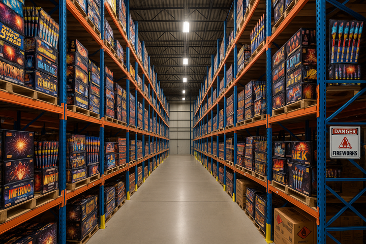 elevated fireworks warehouse shelfs