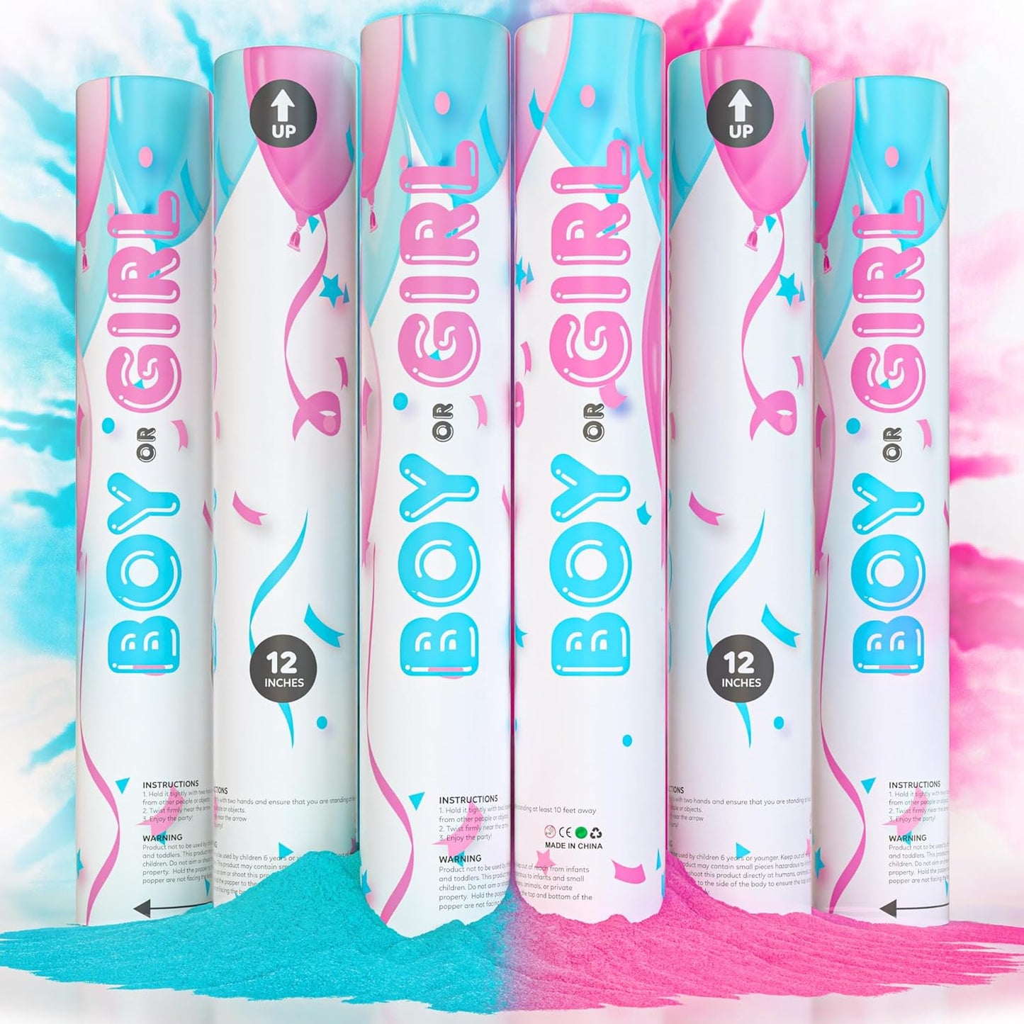 Gender Reveal Powder Smoke Bombs Cannon Poppers (3 Pink & 3 Blue Poppers)