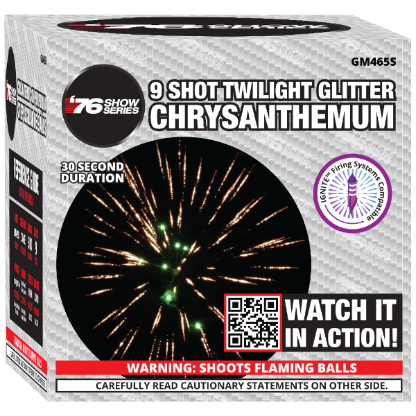 Twilight Glitter Chrysanthemum (30 Sec) 9-Shot XL Aerial Cake