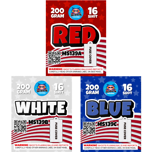Surtido aéreo de 16 disparos rojo/blanco/azul (paquete de 3)