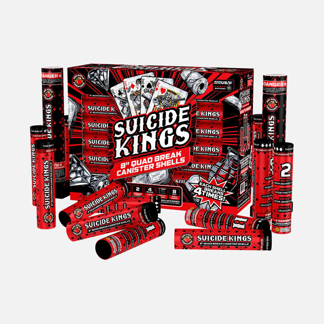 Suicide Kings™ 12 Shot 8 Inch Quad Break Canister Shells