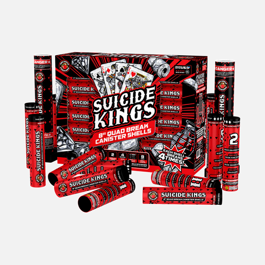 Suicide Kings™ 12 Shot 8 Inch Quad Break Canister Shells