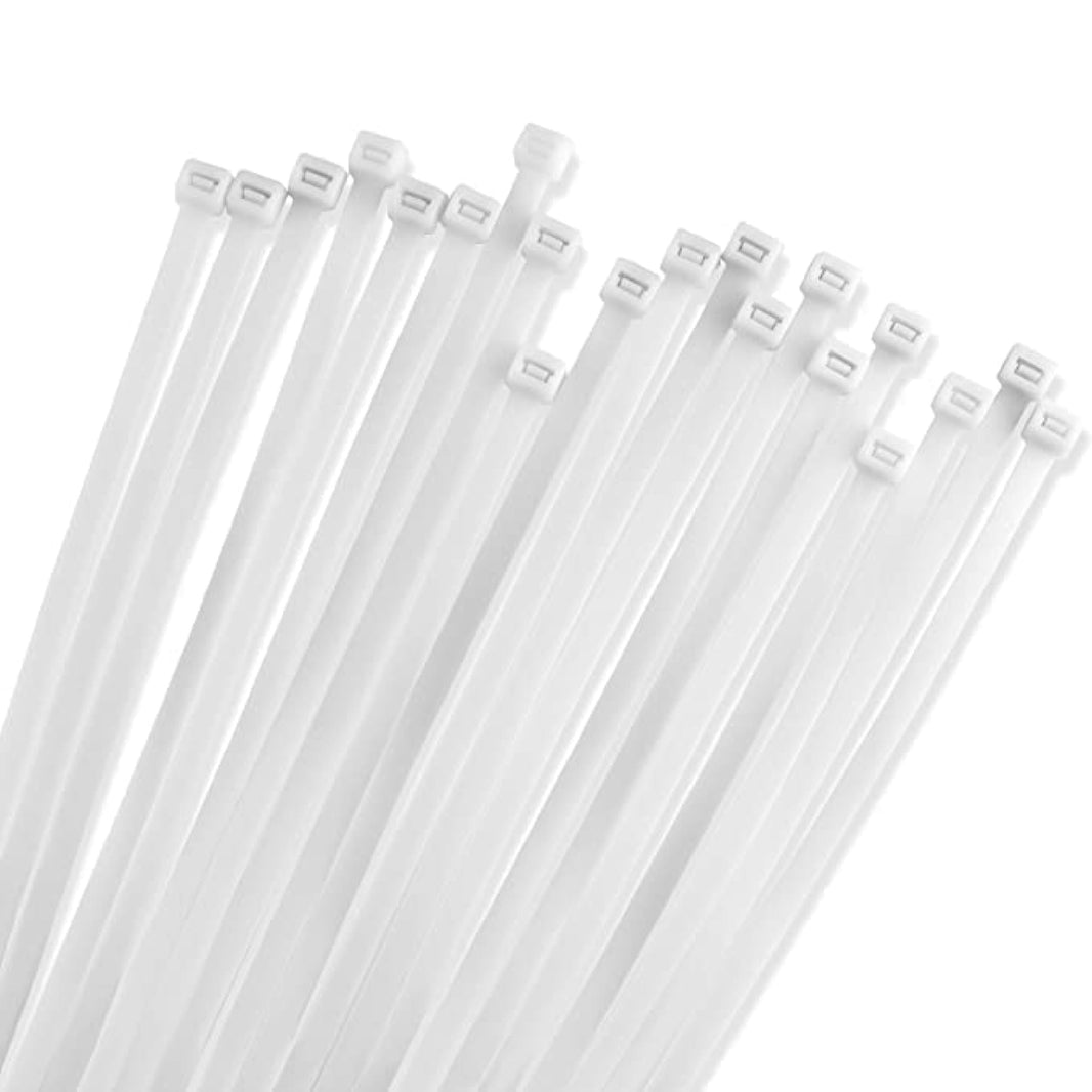 Bridas de nailon de 11 pulg., 48 lb de resistencia (blancas, paquete de 100)
