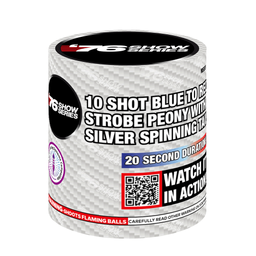 Blue to Red Strobe Peony w/Silver Spinning Tail 10-Shot Standard Aerial Cake