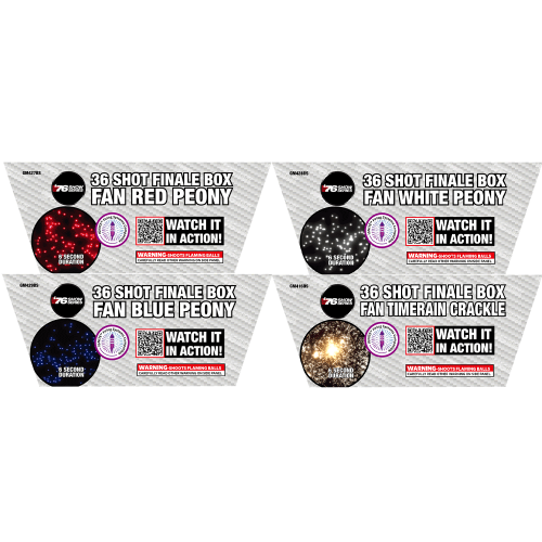 FAN R/W/B Peony & Timerain Crackle Asst (6sec) 36-Shot Standard Aerial Cake | 1/4 Case