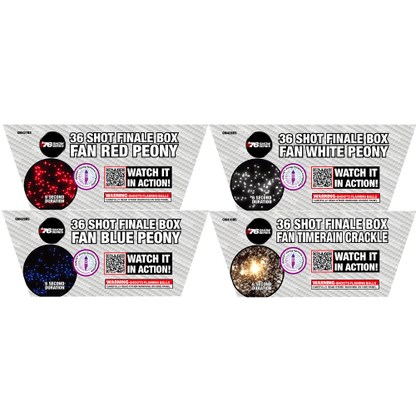 FAN R/W/B Peony & Timerain Crackle Asst (6sec) 36-Shot Standard Aerial Cake | 1/4 Case