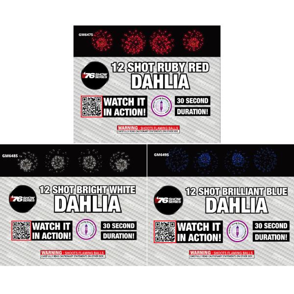 R/W/B Dahlia Asst (30 sec) 12-Shot Standard Aerial Cake | 1/3 Case