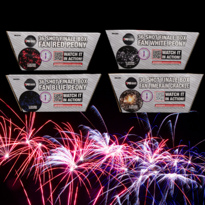 FAN R/W/B Peony & Timerain Crackle Asst (6sec) 36-Shot Standard Aerial Cake | 1/4 Case