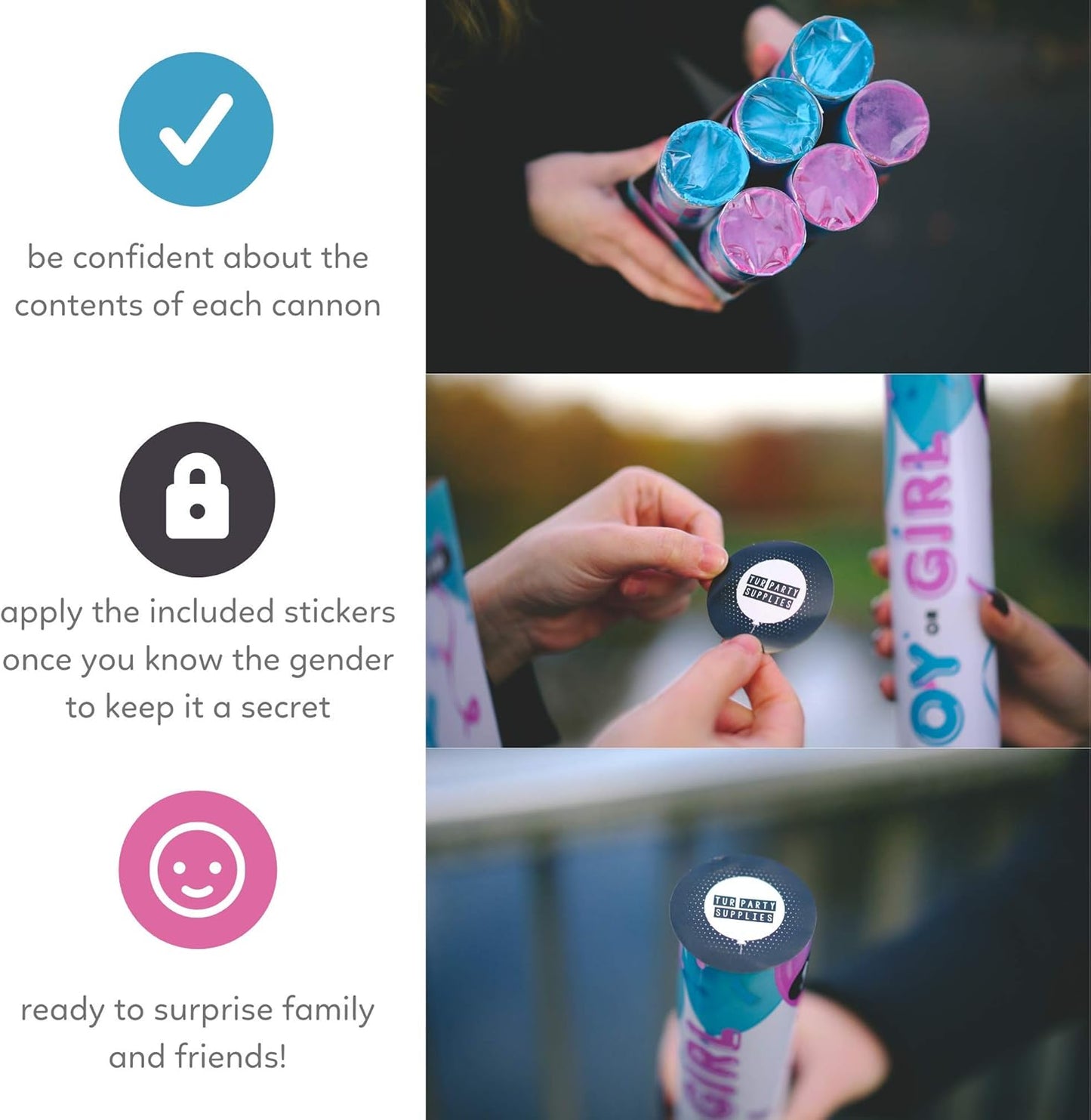Gender Reveal Powder Smoke Bombs Cannon Poppers (3 Pink & 3 Blue Poppers)