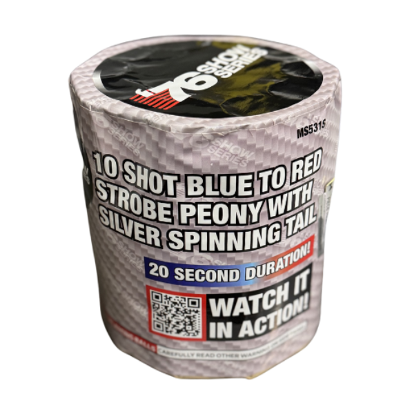 Blue to Red Strobe Peony w/Silver Spinning Tail 10-Shot Standard Aerial Cake