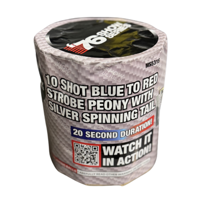 Blue to Red Strobe Peony w/Silver Spinning Tail 10-Shot Standard Aerial Cake