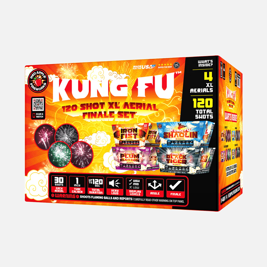 Set de fuegos artificiales aéreos Kung Fu™ de 120 disparos XL® para final de espectáculo®