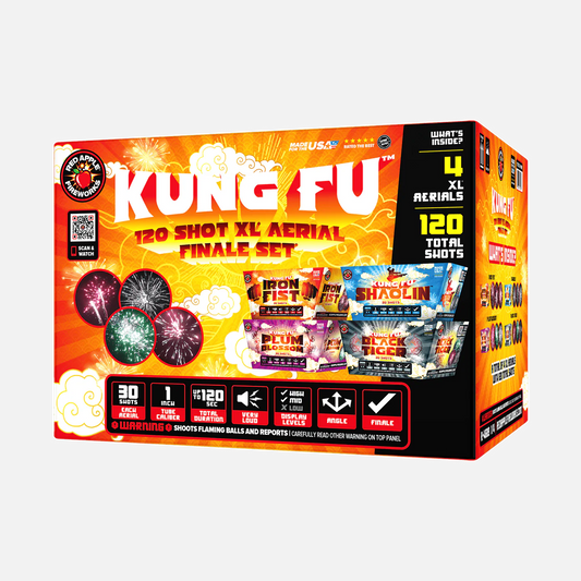 Set de fuegos artificiales aéreos Kung Fu™ de 120 disparos XL® para final de espectáculo®